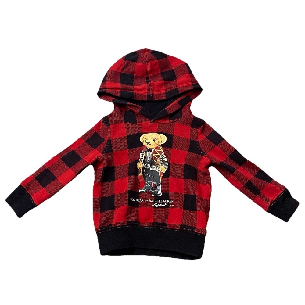 Polo Ralph Lauren POLO Bear Red Plaid Hoodie Pullover Holiday Christmas Sz 2T